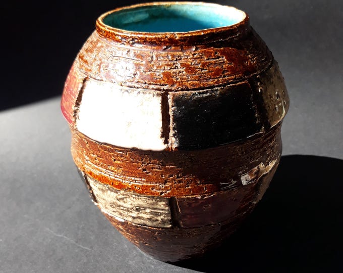 Vintage Swedish Ceramic Vase in Mid-century Style Design. Rough textured Surface. Different Colour Blocks. Aqua Colour Interior. Art Pottery