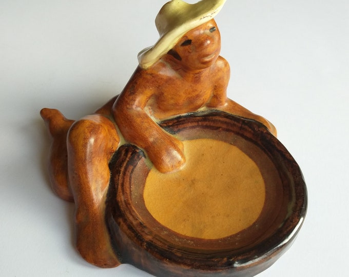 Gabriel Burmeister 1886–1946, Sweden Orange Brown Ceramic. A Male Figure with a Trinket Dish. Signed. Swedish Art Deco Pottery.