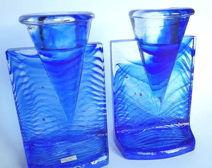 One Kosta Boda Sweden Crystal Art Glass Candleholder Ice Age Collection Designed Kjell Engman. Impressive Shape Expressive Blue Colour.