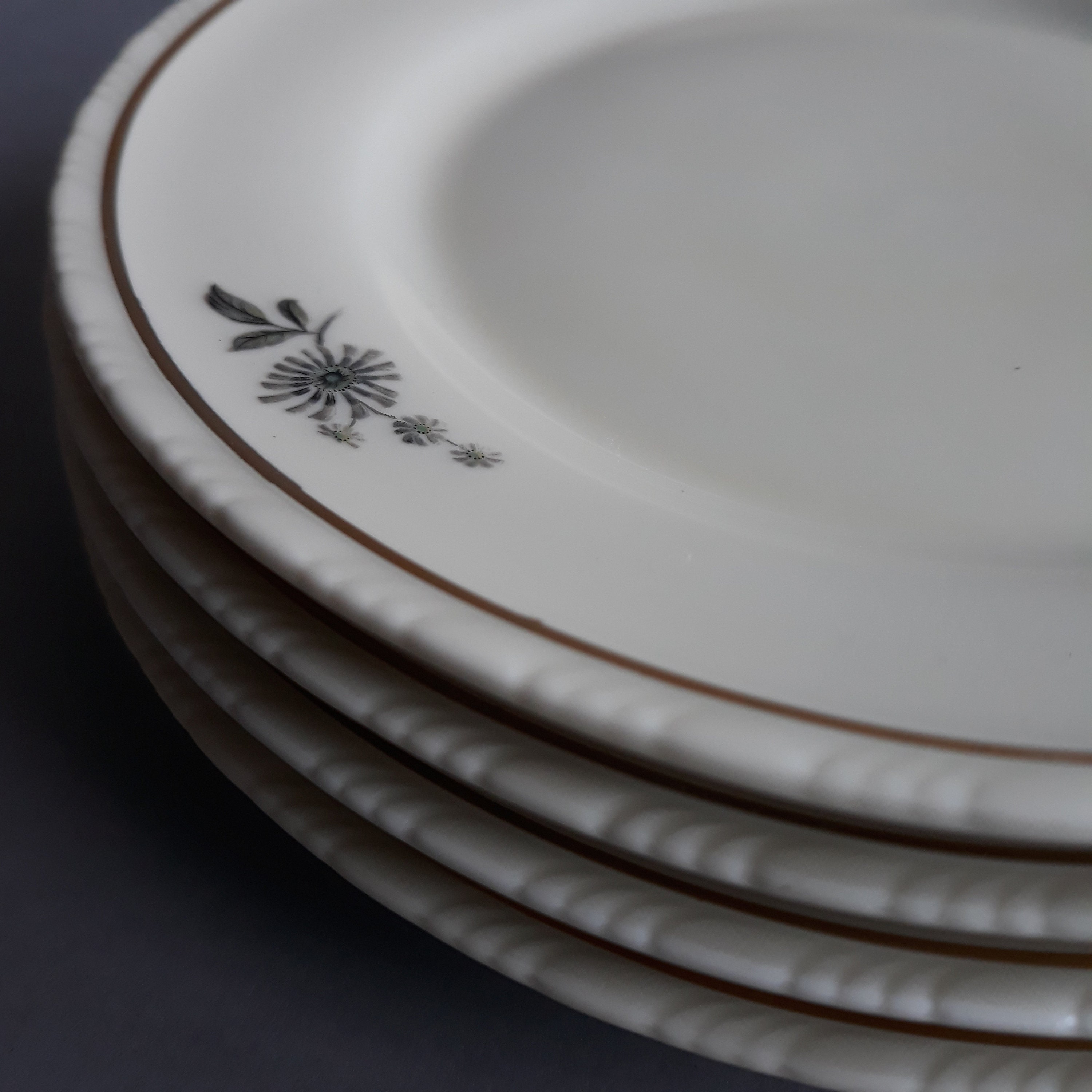 Set of 4 Hackefors Plates Sweden in Size 17.2 Cm 6.8. Ecru White Colour.  Porcelain. Grey, Gold Decor. Vintage Swedish Fine China. Marked. -   Denmark