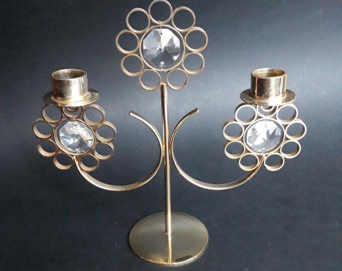 Sophisticated Vintage Goldplated Candleholder with Crystals for Two Candles. Possibly Lovsjo Sweden. The Lines resemble a Flower. Beautiful.