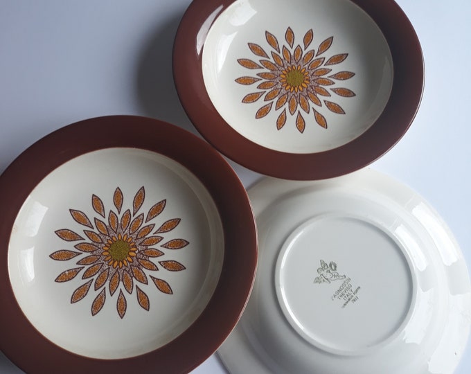 Pagnossin Treviso Terraglia Forte 7611 Soup Plate in Milky White Colour with Rusty Brown Edge. Floral Motif in the Center. Made in Italy.
