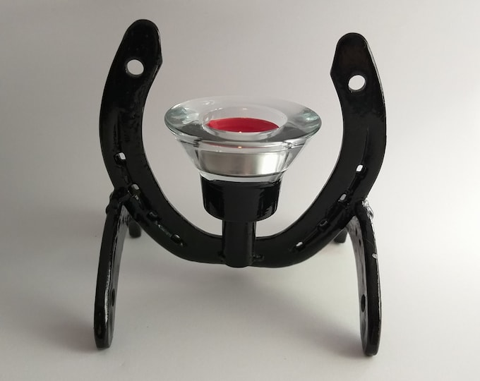 Swedish Horseshoe Black Metal Candle Holder with Not Removable Glass Tealight Cup. Scandinavian Mid Century Modern Brutalist Candle Holder.
