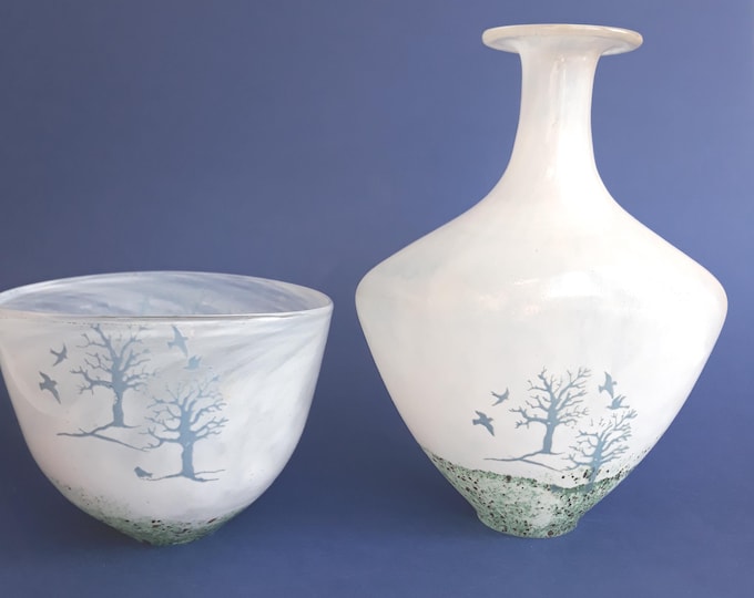 Kosta Boda Sweden Glass Vase or Bowl. October Series. Design by Kjell Engman. Autumn with Landscape Design. Leafless Trees, Birds.