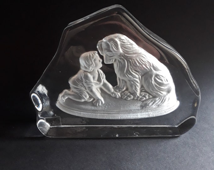 Sea Glasbruk Sweden Clear Crystal Glass Paperweight. Child with Dog. Original Label Intact. Vintage Scandinavian Home Decor. Lovely Gift.