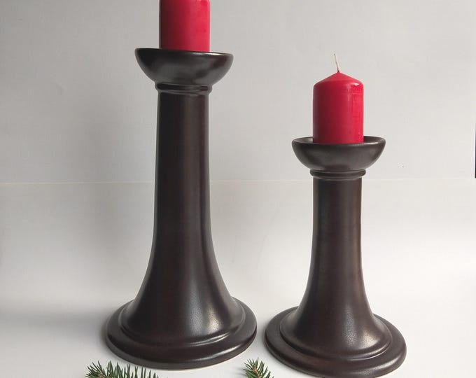 Höganäs Sweden. Pair of Tall Candle Holders in Chocolate Brown Colour, Matte Glaze. Vintage Stoneware. Column Style. Scandinavian Design.