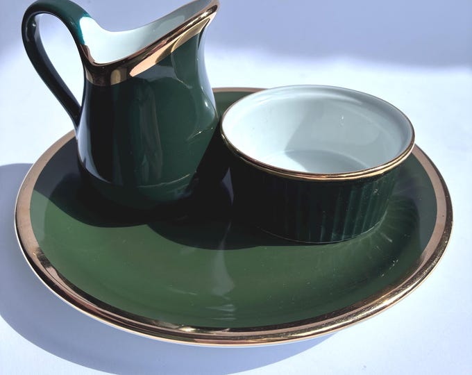Vintage Pillivuyt France Porcelain Sugar and Creamer on Holding Plate. Dark Green with Gold Trim. French Tableware. Marked. Used.