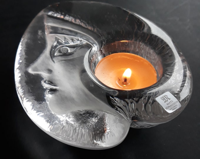 Målerås Glasbruk Sweden Clear Crystal Glass Tealight Holder Athens. Design by Mats Jonasson. Womens Face Relief. Vintage Swedish Art Glass,