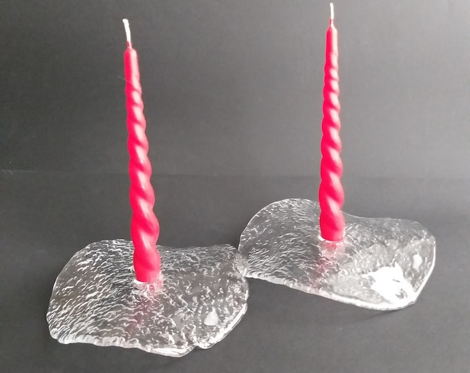 Pukeberg Sweden. Free Form Crystal Candlestick Holder. Designed by Ann Warff. Mid Century Scandinavian Design. Melting Ice Textured Glass.