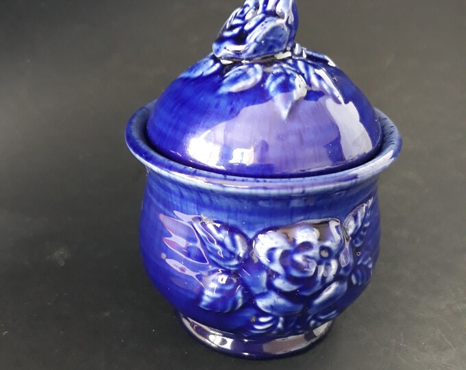 Guldkroken Hjo Sweden. Ceramic Round Jar with Lid. Beautiful Blue Colour. Floral Reliefs. Vintage Swedish Pottery. Retro Swedish Home Decor.