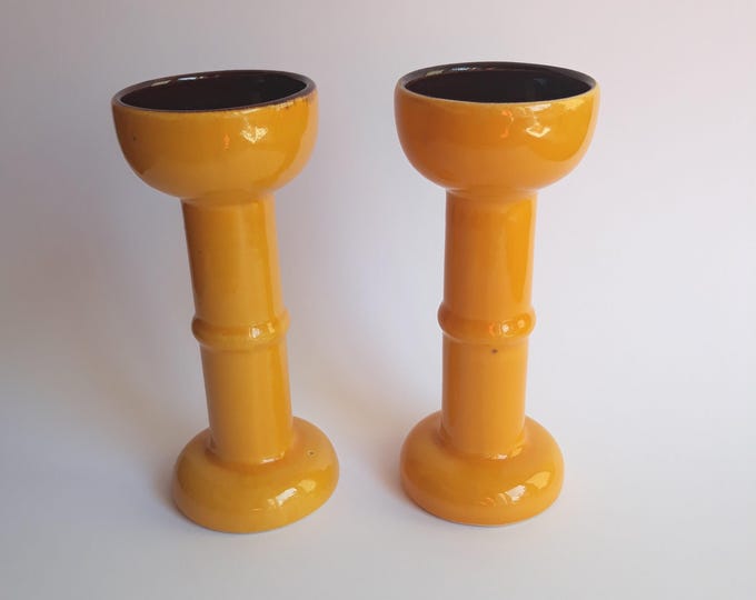 Pair of Bay W. Germany Ceramic Candlestick Holders in Glossy Bright Yellow Glaze and Brown Colour Inside. Marked. MCM Vintage Pottery.