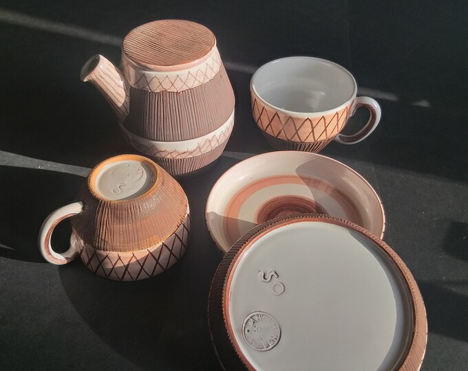 Vintage Laholm Ceramic Coffee Set - 2 Cups, 2 Saucers, Sugar, Creamer. Brown Tones. Semi Glazed. Marked. Mid Century Modern Swedish Pottery.