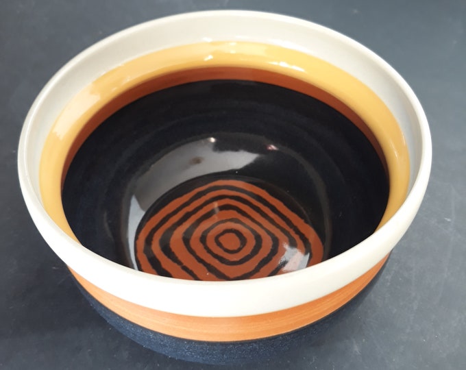 Rörstrand Drejar Gruppen 1974 Sweden Decorative Ceramic Bowl. Orange Yellow Brown Colour Glaze Decoration. Marked. Vintage Swedish Pottery.