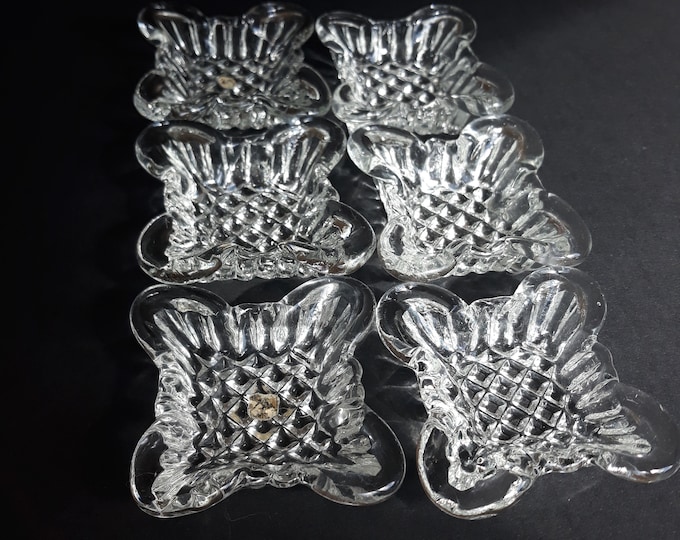 Set of Six Pressed Clear Glass Salt Containers, Cellars. Dip Bowls. Square Shape. Vintage Glassware. Excellent Vintage Condition.