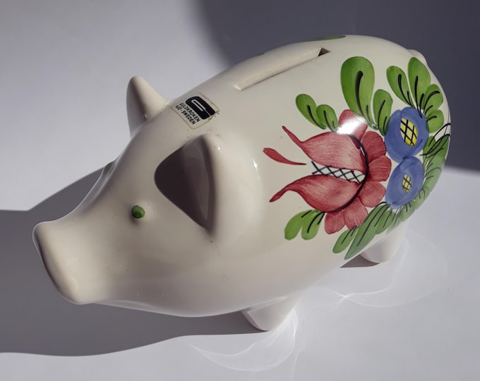 Guldkroken Sweden. Beautifully Hand Painted Ceramic Piggy Bank. Colourful Floral Pattern. Vintage Swedish Home Decor. Original Label Intact.