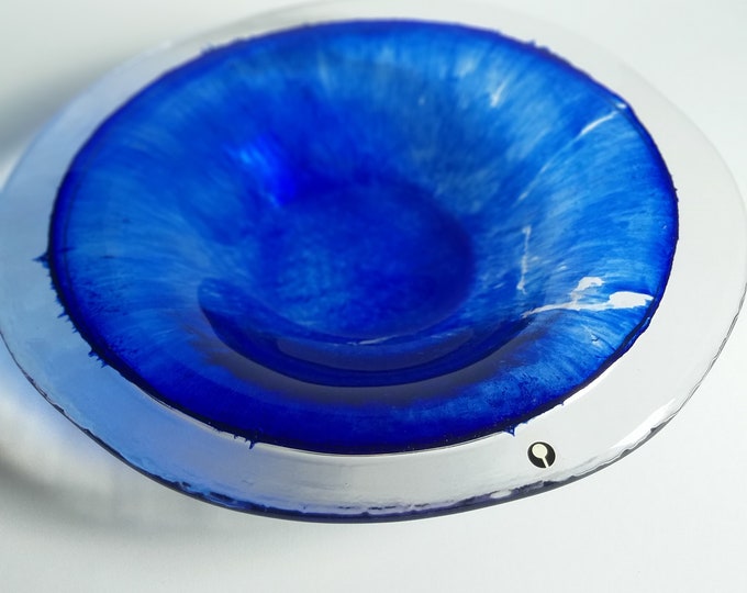 Pukeberg Sweden Large Heavy Blue Bowl With Clear Glass Edge. Design by  Staffan Gellerstedt. Scandinavian Swedish Vintage Art Glass. Label.