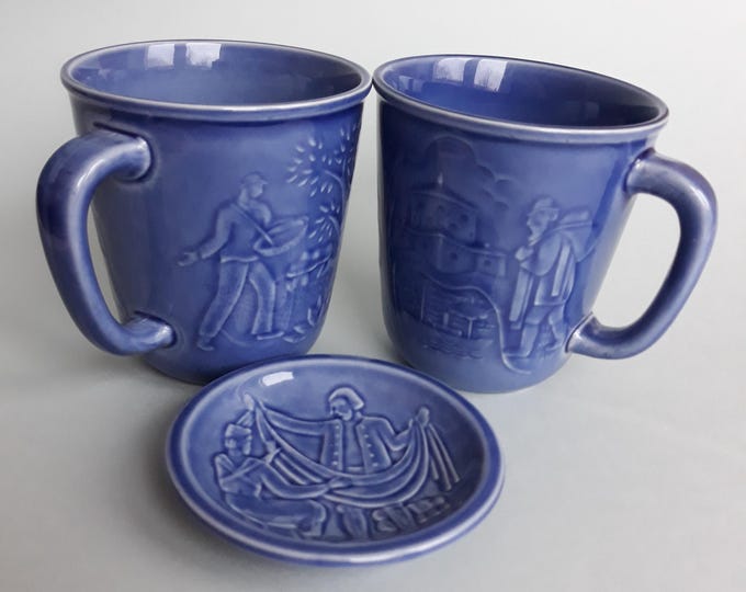 Set of 2 Rorstrand Sweden Ceramic Mugs and Small Dish for Tea Bags. The Decoration is Embossed. Blue Shiny Glaze. Marked.