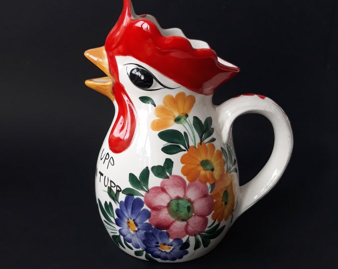 Large Vintage Rooster Pitcher Jug Italy. Beautifully Hand Painted Colourful Floral Pattern. Italian Art Pottery. Italian Rooster Pitcher.