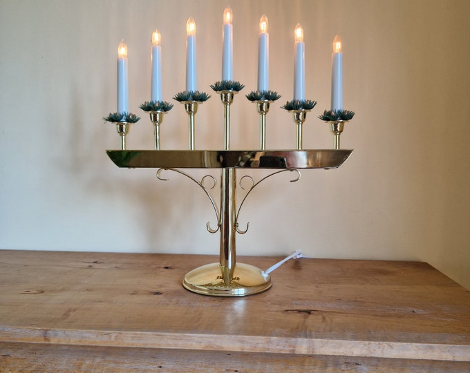 Swedish Metal Christmas Candleholder for Seven Electric Lights in Candle Shape. Brass Colour. Scandinavian Home Decoration. Made in Sweden.
