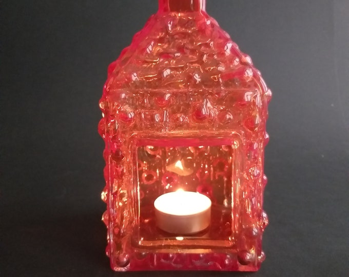 Unusually Wonderful Vintage Art Glass Tealight Holder. Fantastic Shape, Texture of Glass and Colour. Glass Lantern / Cottage in Red Orange.