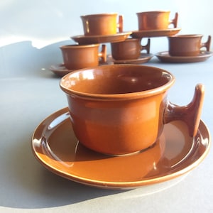 Gustavsberg Sweden. Vintage Milk Chocolate Brown Stoneware Tee, Coffee Cup and Saucer. Mid Century Modern Style Set.  Marked. Scandinavian.