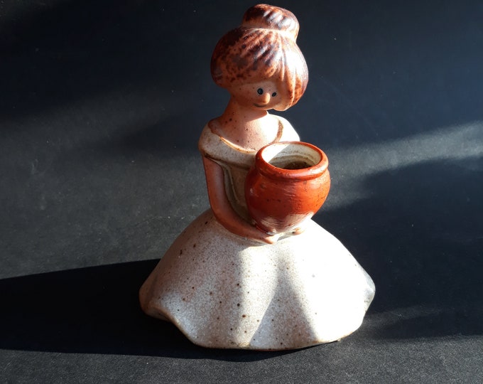 Vintage UCTCI Japan Speckled Stoneware Figurine Girl in Beautiful Dress with Jug. Japanese Pottery from 70s. Collectable.