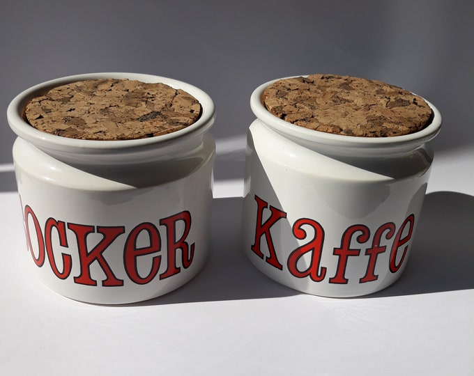 Pair of Large Vintage TG Green LTD Church Gresley "Spectrum" England Ceramic Coffee and Sugar Canisters with Corks. White Red Containers.