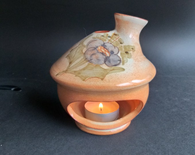 La Poterie Provence France Vintage Ceramic Tealight Holder in Beige Colour. Lovely Floral Motive. Marked. Vintage French Pottery.