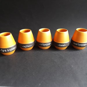 Set of 6 Soholm Denmark Orange Stoneware Ceramic Spice Jars Containers. Beautiful Happy Colour. Kitchen Decor. Excellent Vintage Condition.