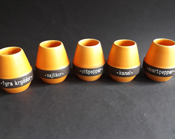 Set of 6 Soholm Denmark Orange Stoneware Ceramic Spice Jars Containers. Beautiful Happy Colour. Kitchen Decor. Excellent Vintage Condition.
