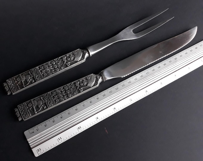 Norwegian Pewter Konge Tinn Flatware. Scandinavian MCM Style. Meat carving Utensils. Pewter, Stainless Steel. Motif tribute to King Olaf.