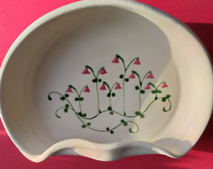 Gabriel Ceramic Sweden. Beige Stoneware Wall Tea Light Candleholder with Glazed Hand Painted Linnea Flower Decor. Vintage Swedish Pottery.