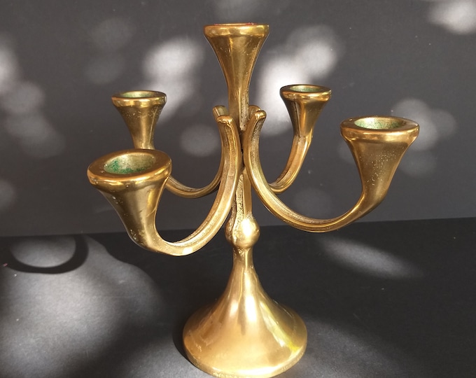Mid Century Modern Style Candle Holder Candelabra for Five Candles. Hammered Surface. Not Marked. Patina. Vintage Scandinavian Home Decor.