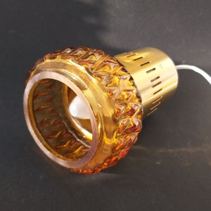Vintage Retro Ceiling Pendant Light. Metal Top in Brass Colour and Warm Amber Colour Glass Shade. Coms From Sweden. Hanging Foyer Hall Lamp.