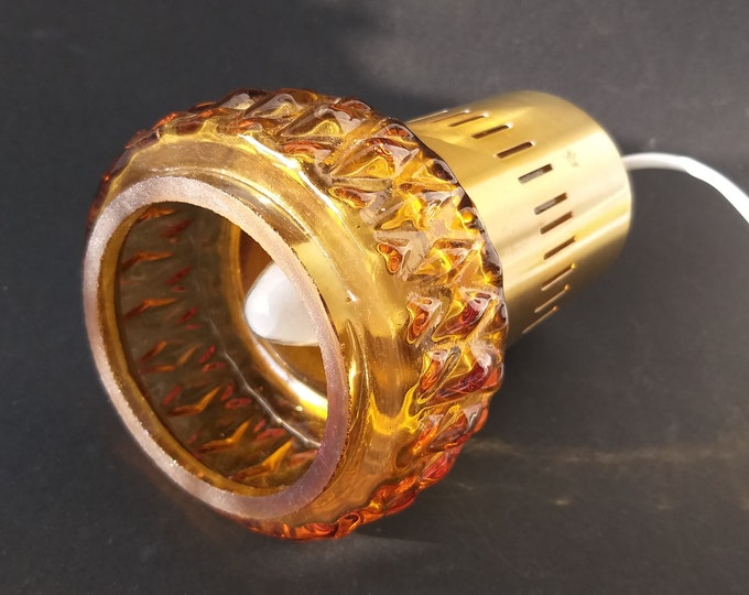 Vintage Retro Ceiling Pendant Light. Metal Top in Brass Colour and Warm Amber Colour Glass Shade. Coms From Sweden. Hanging Foyer Hall Lamp.