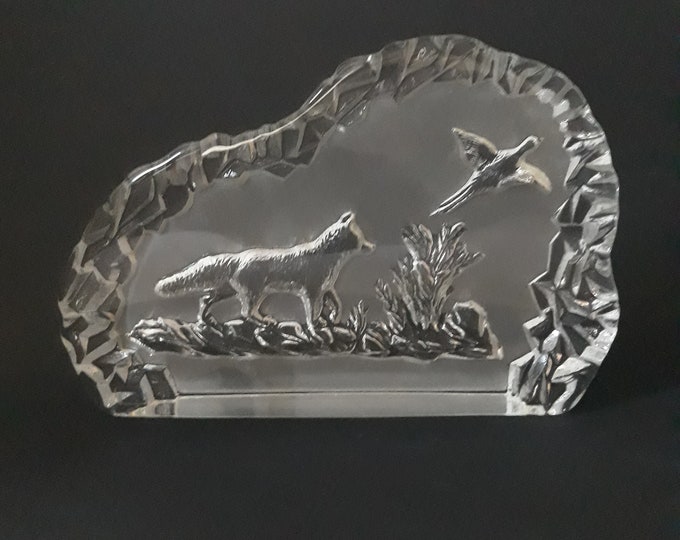 Large Vintage Nibro Crystal Sweden Crystal Glass Paperweight. A Fox hunts a Duck. Swedish Glass Design. Heavy Item. Original Sticker.