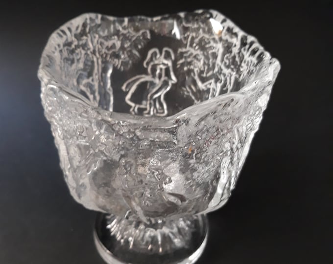 Vintage Kosta Boda Sweden Clear Crystal Glass Vase, Footed Bowl with Dancing Couple Relief. Midsummer Dance Rhapsody. Design Kjell Engman.