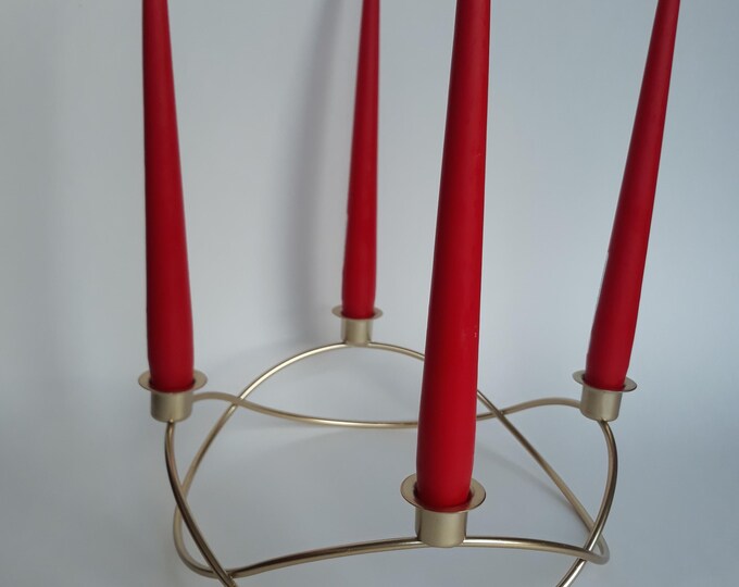 Danish Style Design Brushed Gold Colour Metal Candleholder for Four Candles. Soft Shape and Elegant Idiom.