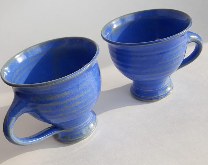 Set of 2 Resmo Krukmakeri Sweden Hand thrown Stoneware Cups in Vibrant Blue Colour Glaze. Signed Swedish Studio Pottery Pieces.