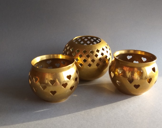 Set of Three Vintage Brass Tealight Candle Holders in Heart or Star Pattern. Small Brass Votive Candleholders. Made in India. Original Label