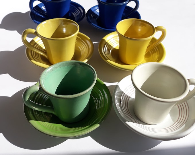 Set of 6 Vintage Nittsjo Sweden Espresso Coffee Cups and Saucers. Beautiful Colour Palette. A Pearly Sheen to the Glaze. Swedish Pottery.