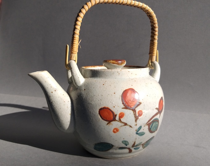 Vintage Japanese Ceramic Teapot. Light Grey Colour with Speckles. Floral Motif. Wicker Handle. Original Sticker from Japan. Tea Lovers Gift