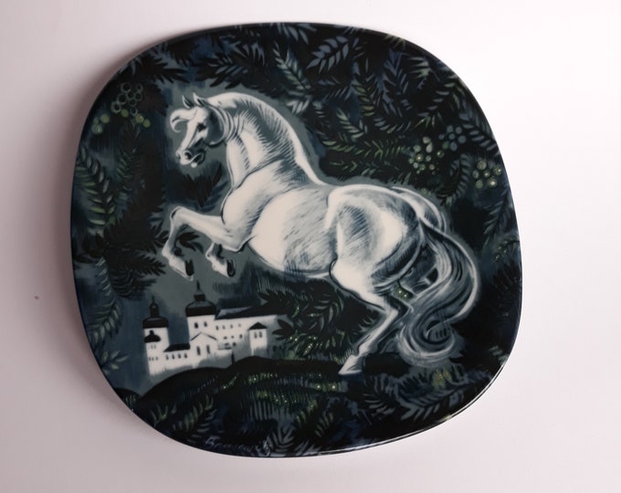 Vintage Rorstrand Sweden Square Wall Plate with Horse at Läckö Castle from 1977. Design by Gunnar Brusewitz. Rare. Collectable. Home Decor.