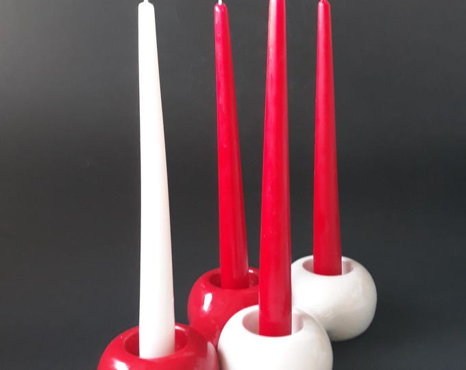 Set of 2 Vintage Red and White Barbro Unicef Sweden Ceramic Candlestick Holders. Jerker Andersson Design AB. Retro Scandinavian Christmas.