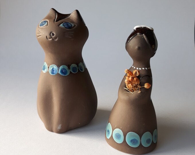 Tilgmans Sweden Ceramic Cat or Girl Figurine. Brown Matte with Glossy Blue Glaze Decoration. Vintage Swedish Pottery. Mid Century Modern.