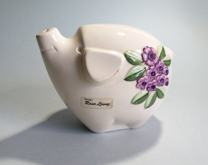 Rosa Ljung Deko Keramik Helsingborg Sweden. Beautiful Light White Colour Ceramic Pig with Purple Flower Relief Pattern. Vintage Home Decor.