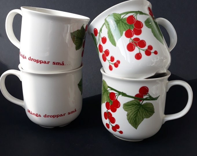 Pair of Rörstrand Mugs. Design by Jackie Linda. Diamant Blodgivar Cup. White Base with Red Berry Design. Scandinavian Vintage Tableware.