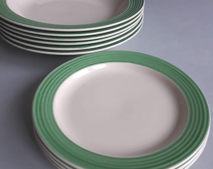 Antique Gustavsberg Sweden Plate. Gront Band Pattern. Bone China. Light cream Colour, Green Ribbed Edge Decor. Art Deco Swedish Porcelain.