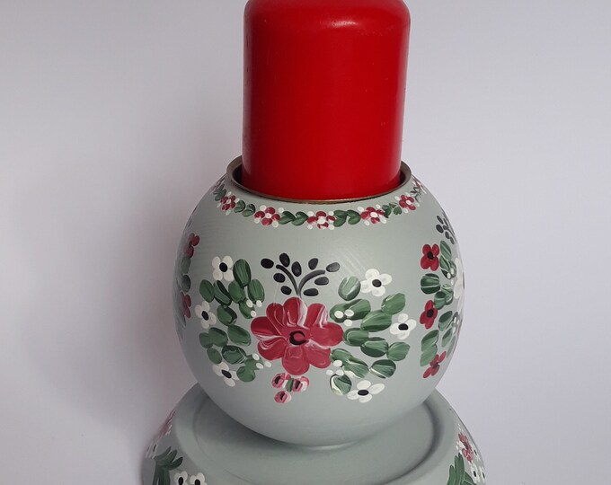 Swedish Turned Wooden Candlestick for One Candle or Tea Light. Hand Painted. Floral Design. Marked on Bottom. Scandinavian Design Home Decor