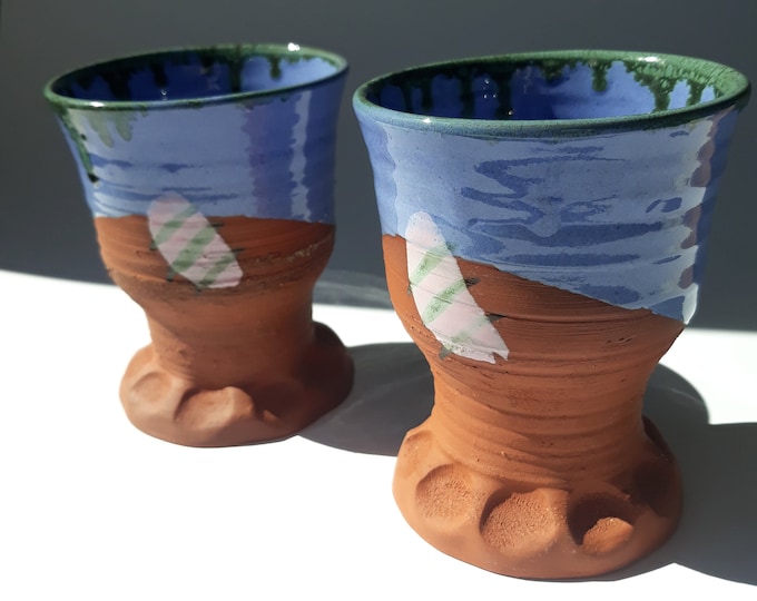 Set of 2 Trollets Keramik Ceramic Goblets by Ingalill Carlbark. Hand made in Sweden. Semi Glazed. Signed. Glossy Lilac colour Glaze. Redware